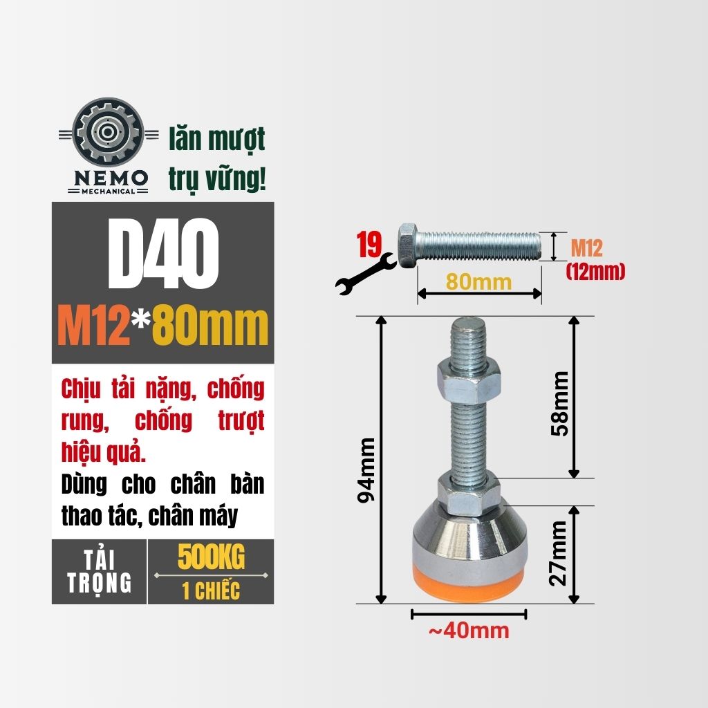 Chân Tăng Chỉnh Chịu Tải Nặng – Bát Thép Mạ Crom, Chịu Lực 1.5 Tấn (M10, M12)